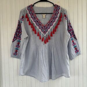 Chico's Women's Blue White Striped Embroidered V Neck Top Tassels Large Petite